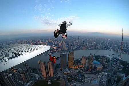 BASE jumping from a building in Shanghai