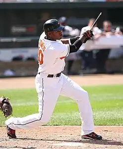 Baltimore Orioles player Adam Jones with a broken bat after swinging at a pitch in 2008.