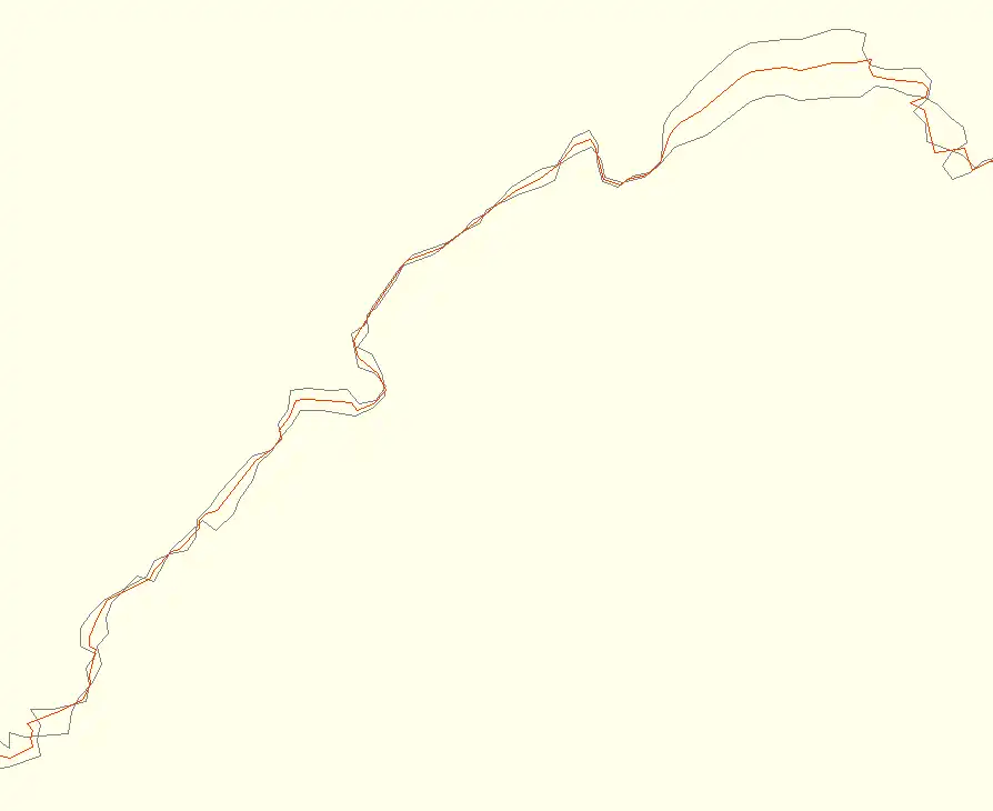 Screenshot from josm showing an average track. The red track is the average, the two on the sides are the source tracks.