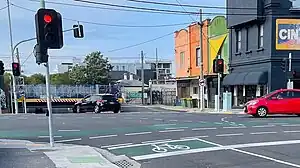 Example of a bike box or advanced stop line at an intersection in Melbourne