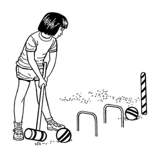 Line art drawing of a girl playing croquet.