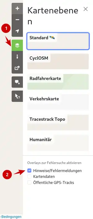 OpenStreetMap Hauptseite mit geöffnetem Ebenenmenü und der Checkbox für Hinweise