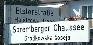 Bilingual street name in Hoyerswerda, Germany 288349085&nbsp;288349085 name:de=Spremberger Chaussee name:hsb=Grodkowska šoseja