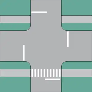 An idealized diagram of a four-way stop intersection with an unmarked crosswalk on one side and a marked crosswalk on the opposite side, neither of which has a pedestrian signal.