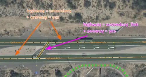 An example of a dual carriageway with a highway=secondary_link linking the roads. turn:lanes=* should be applied to the preceding road if applicable. Drawing the link along the length of a turn lane should only be done if it is physically separated.