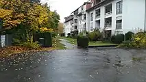 Die Aufstell- und Bewegungsfläche auf dem Grundstück befindet sich hinter den Pollern. Der Belag ist mit Rasengittersteinen befestigt. Zeitgleich dient er als Gehweg zum erreichen der Hauseingänge.