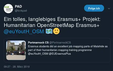 "A great, sustainable Erasmus+ project: Humanitarian OpenStreetMap Erasmus+ @euYoutH_OSM" a Tweet by the German National Agency
