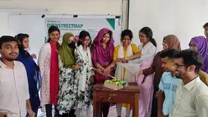 OSM Bangladesh - Group photo while cutting the cake for OpenStreetMap's 18th anniversary, at BSMRSTU (Bangabandhu Sheikh Mujibur Rahman Science and Technology University). Photo by Sawan Shariar on 2022-08-03.