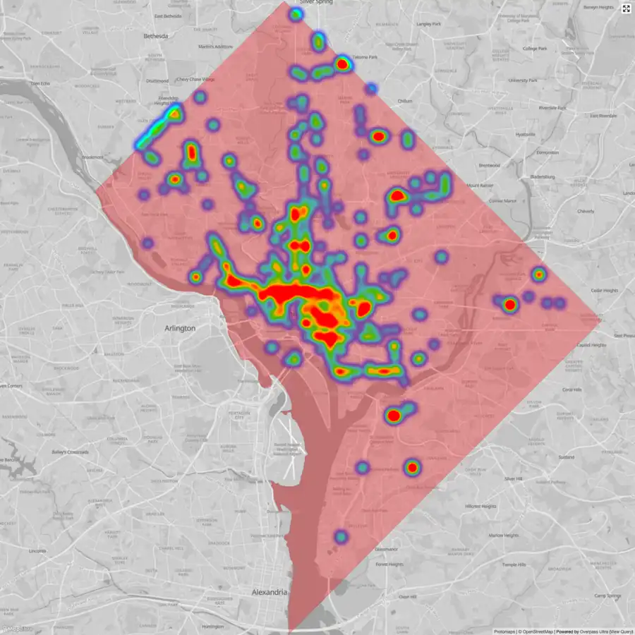 A heatmap of bus stops in Washington, DC. View Source
