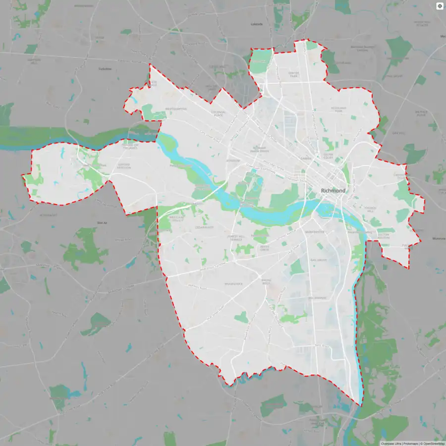 An interactive map of Richmond's Boundary with a location control and entire config and data loaded from a gist. View Map View Source