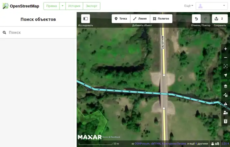 Картографическое изображение дороги, пересекающей водный поток