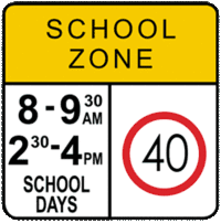 40kph between 08:00 and 09:30 and 14:30 to 16:00 road sign