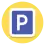 A parking street sign: It is a white P on a blue square with a white border; on a yellow background.