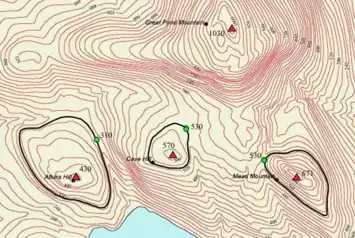 USGS Topographic Map showing contour lines and key saddles around 3 peaks