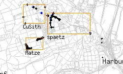 3 users in Hamburg with their work areas in orange, some new and moved nodes.