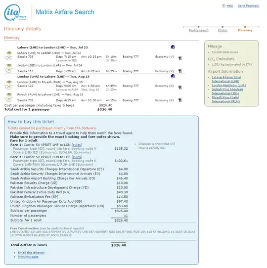 Screenshot of ITA Matrix itinerary