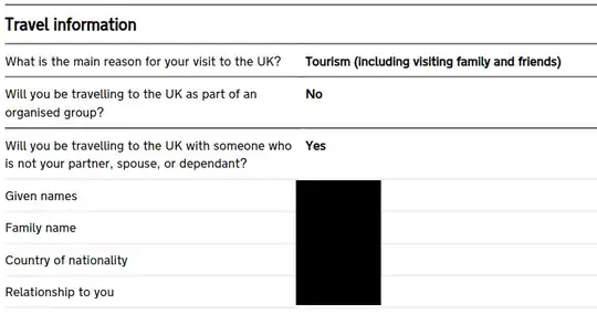 UK Visa form showing "Will you be traveling to the UK with someone who is not your partner, spouse or dependant?"