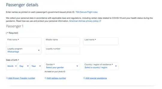An example screenshot of the booking form for American Airlines, showing a "Country / region of residence" field.