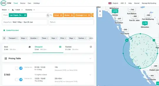Screenshot of kiwi.com radius search to Korea