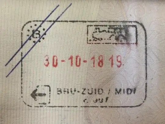 Exit stamp from Brussels by train, crossed out
