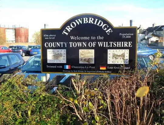 Sign: "Trowbridge -- Welcome to the County Town of Wiltshire -- 45m above sea level -- Population 35,000 (and more information)