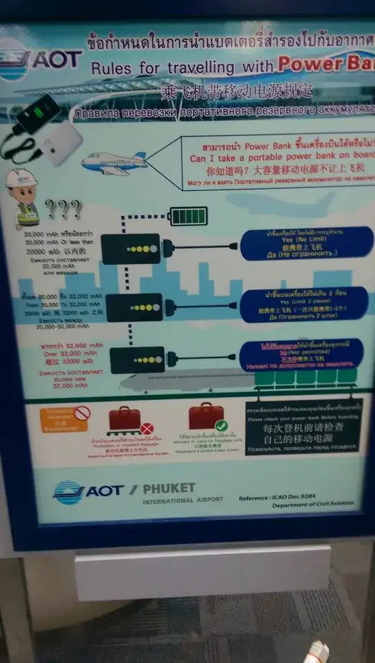 Can I take a portable power bank on board? 20,000 mAh or less than: Yes, no limit. From 20,000 to 32,000 mAh: Yes, limit 2 pieces. Over 32,000 mAh: No, not permitted.