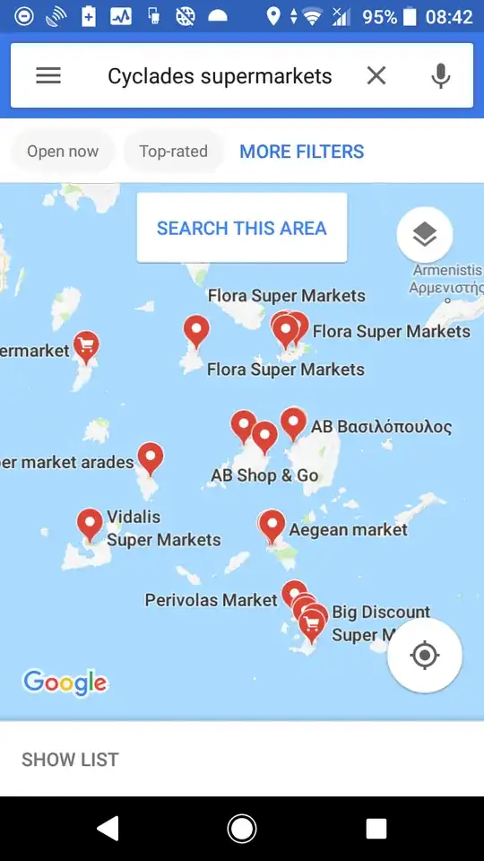 Google maps screenshot of Cyclades (Greece) islands