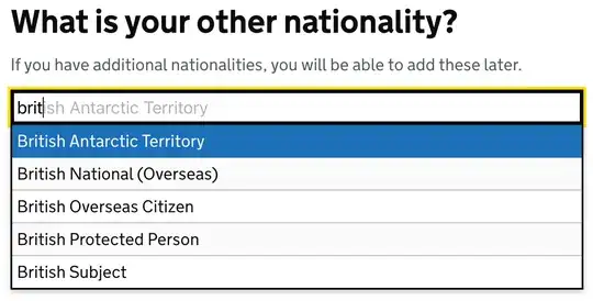 Screenshot of citizenship options in ETA form starting from 'Bri...': BNO, BOC, BPP, BS, but no 'British Citizen'