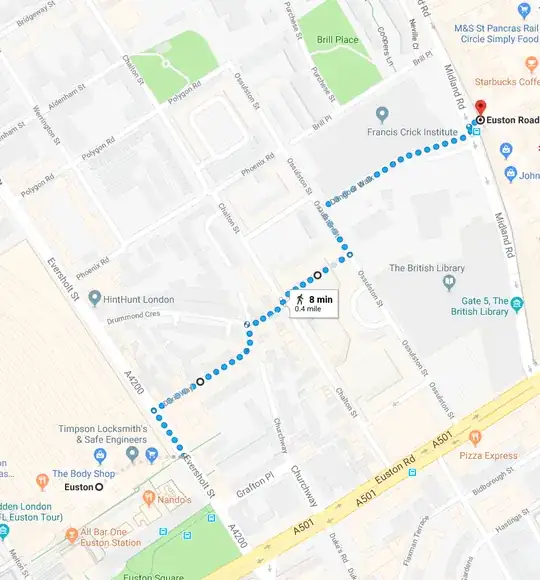 map of best walking route between Euston and St Pancras