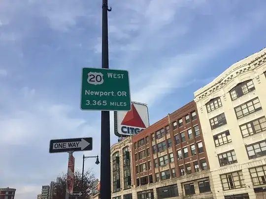 Sign at start of US highway 20 reading "[US 20 shield] West / Newport, OR / 3,365 miles"