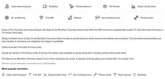 Screenshot of Booking.com showing "Breakfast" being mentioned twice