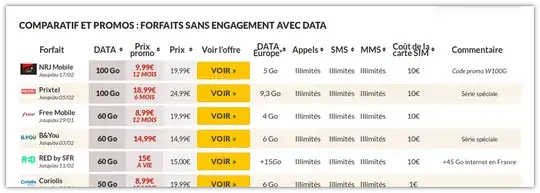 screenshot of comparison website