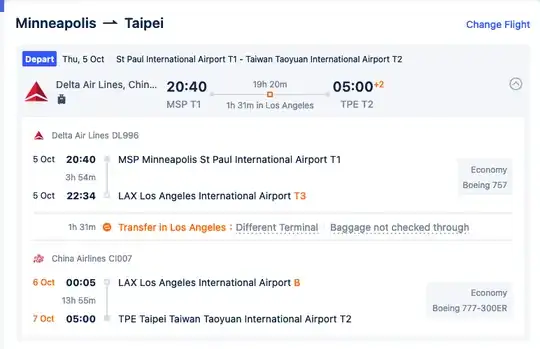 Flight information screenshot showing "1h31m transfer in Los Angeles with 'Different Terminal' and 'Baggage not checked through' warnings