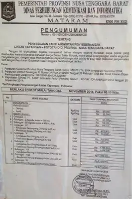 price list for the ferry from Labuhan Lombok to Poto Tano