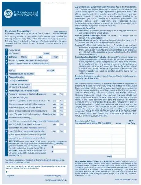 U.S. Customs and Border Protection Customs Declaration Form