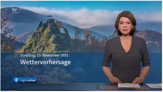 Screenshot of a TV broadcast showing a newsreader.  Behind the newsreader is a green, hilly landscape  including a steep, lush hill with what appears to be a gazebo on its summit, and higher, forested hills in the background.  There are some low clouds above the valley floor, with the sky above the clouds blue.  The bottom third of the image is covered by a semi-transparent overlay showing the date, the word Wettervorhersage, and the label for the tagesschau TV broadcast.  The logo for the Hessische Rundfunk (HR) is in the top left of the image.