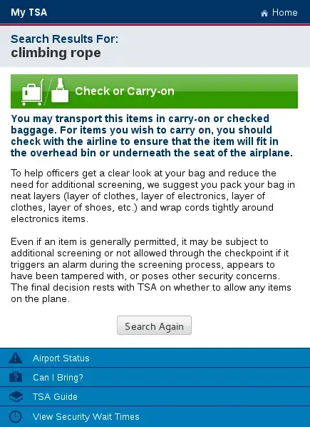 TSA climbing rope OK in hold or hand luggage