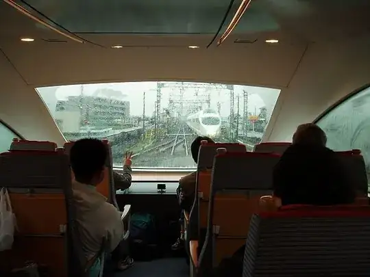 View out the front of type 50000 train's passenger cabin