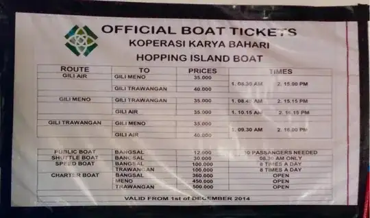 price list for boats from Gili Air