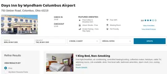 Screenshot of Wyndham's website showing that the hotel offerse "Breakfast Item" and "Free light breakfast"