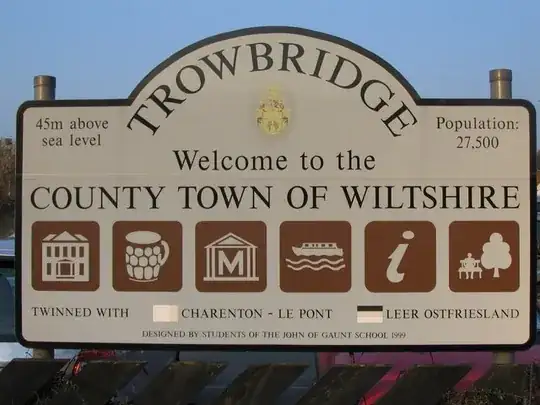 Sign: "Trowbridge -- Welcome to the County Town of Wiltshire -- 45m above sea level -- Population 27,500 (and more information)