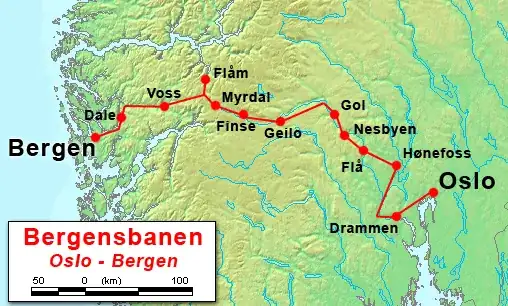 map and stops of train from Oslo to Bergen