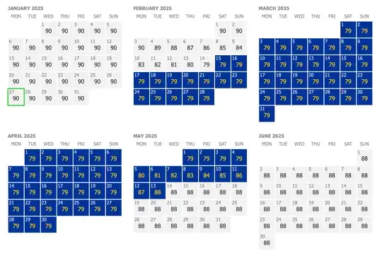 calendar showing dates of prospective second stay from Feb 15 to May 13, 2025
