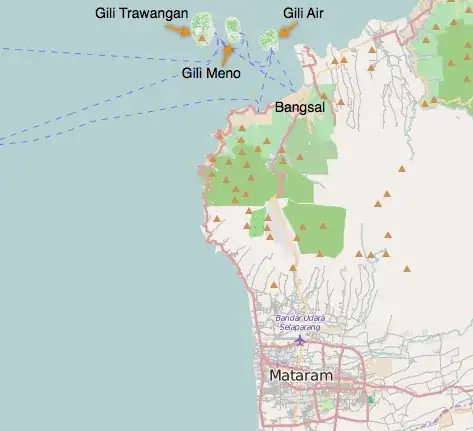 Lombok map with Gili islands & Bangsal pointed out