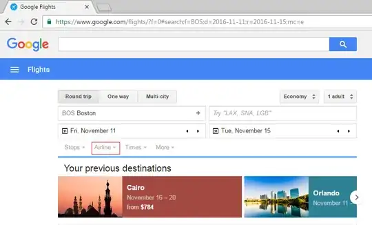 Google Flights screenshot with Airline menu highlighted