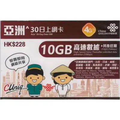 China Unicom Asia 4G 30-Day 10GB DATA SIM Card
