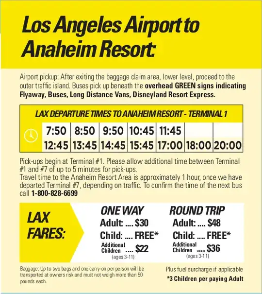 LAX to Anaheim Resort departures: 7:50, 8:50, 9:50, 10:45, 11:45, 12:45, 13:45, 14:45, 15:45, 17:00, 18:00, 20:00