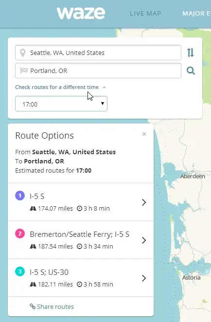 Screenshot of Waze's "Check routes for a different time" feature, showing only a 24-hour dropdown option