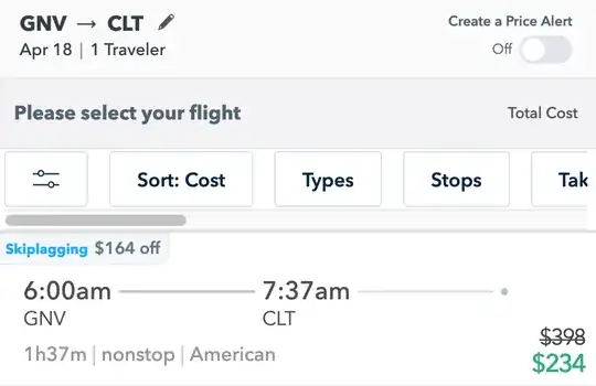 Skiplagged search result for Gainesville to Charlotte airport flights