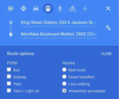 Google Maps form showing expanded Route options